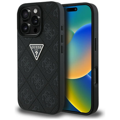 Funda para Apple iPhone 16 Pro, Guess, Hot Stamp 4G Pattern Triangle Logo, Negra