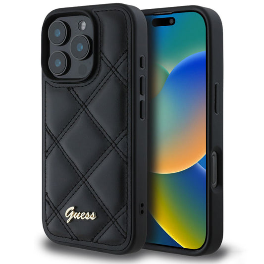 Funda para Apple iPhone 16 Pro, Guess, Quilted Metal Logo, Negra