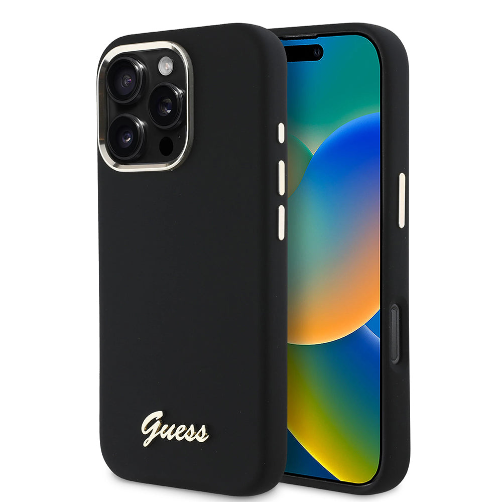 Funda para Apple iPhone 16 Pro, Guess, Script Metal Logo & Frame, Negra