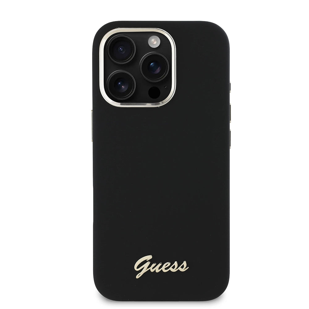 Funda para Apple iPhone 16 Pro, Guess, Script Metal Logo & Frame, Negra