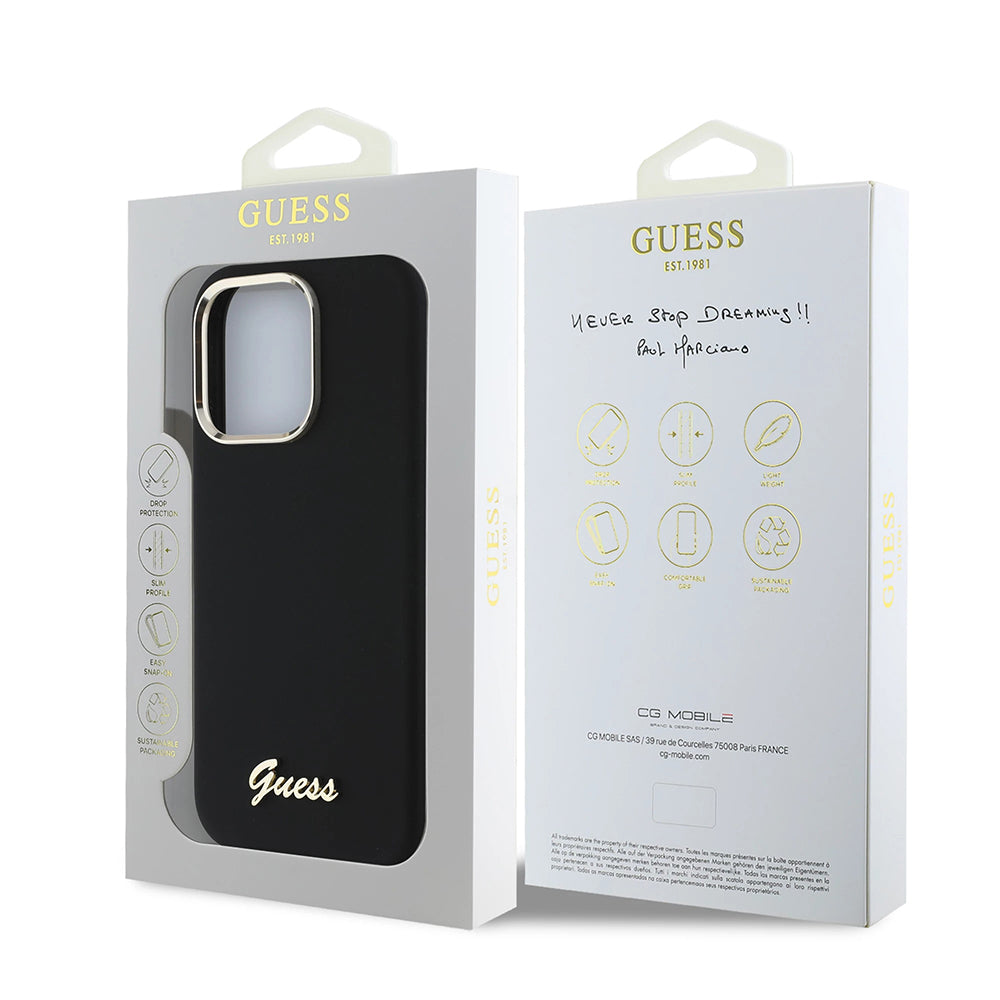 Funda para Apple iPhone 16 Pro, Guess, Script Metal Logo & Frame, Negra