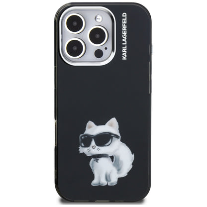 Funda para Apple iPhone 16 Pro, Karl Lagerfeld, IML Aquarelle Logo Choupette, Negra