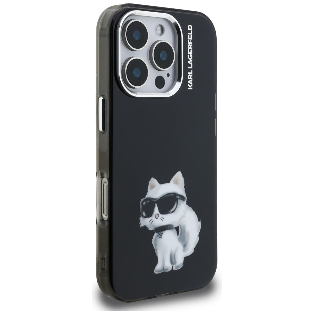 Funda para Apple iPhone 16 Pro, Karl Lagerfeld, IML Aquarelle Logo Choupette, Negra