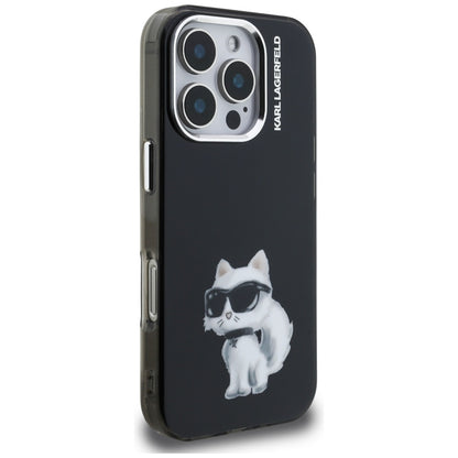 Funda para Apple iPhone 16 Pro, Karl Lagerfeld, IML Aquarelle Logo Choupette, Negra