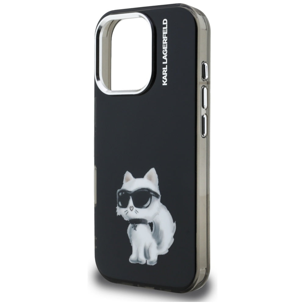 Funda para Apple iPhone 16 Pro, Karl Lagerfeld, IML Aquarelle Logo Choupette, Negra