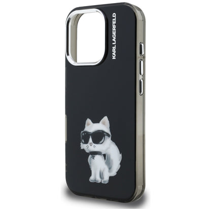 Funda para Apple iPhone 16 Pro, Karl Lagerfeld, IML Aquarelle Logo Choupette, Negra