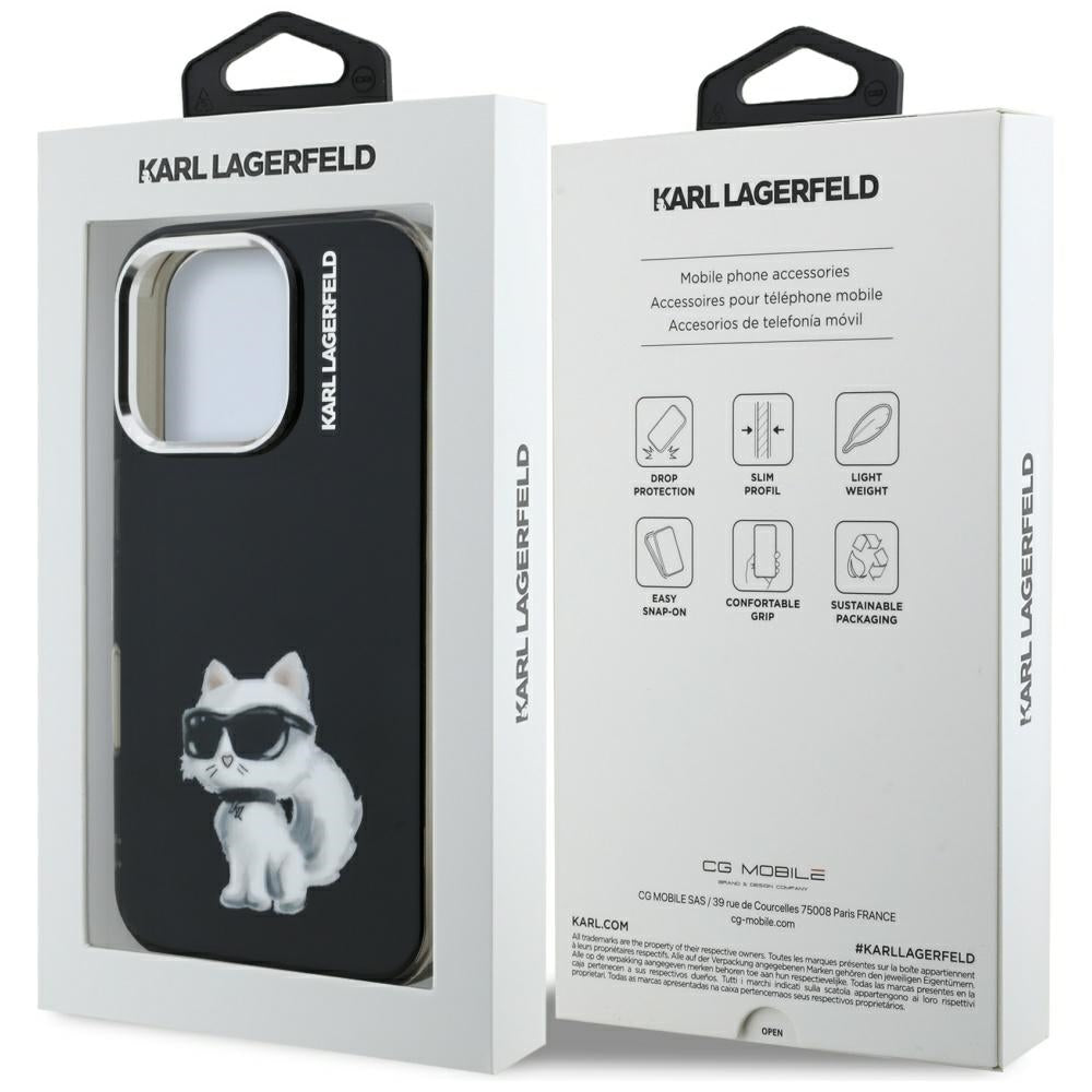 Funda para Apple iPhone 16 Pro, Karl Lagerfeld, IML Aquarelle Logo Choupette, Negra