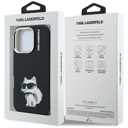 Funda para Apple iPhone 16 Pro, Karl Lagerfeld, IML Aquarelle Logo Choupette, Negra
