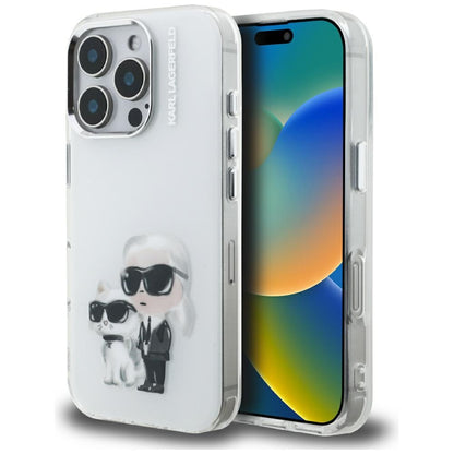 Funda para Apple iPhone 16 Pro, Karl Lagerfeld, IML Aquarelle Logo Karl & Choupette, Blanca
