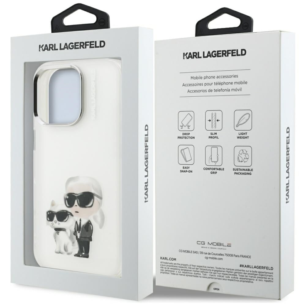 Funda para Apple iPhone 16 Pro, Karl Lagerfeld, IML Aquarelle Logo Karl & Choupette, Blanca