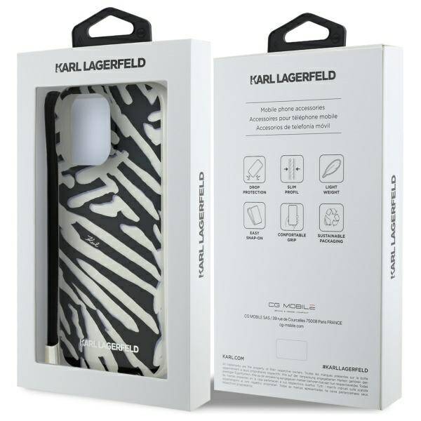 Funda para Apple iPhone 16 Pro, Karl Lagerfeld, IML Luxury Zebra Pattern with Strap, Negra