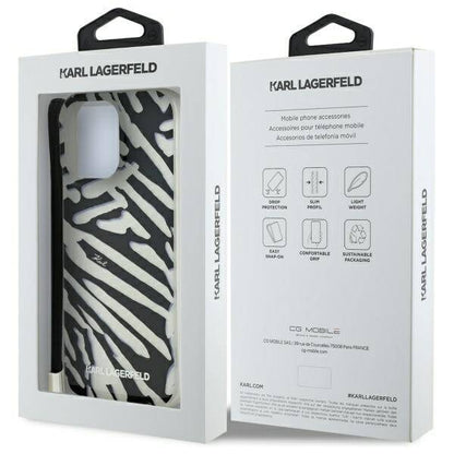 Funda para Apple iPhone 16 Pro, Karl Lagerfeld, IML Luxury Zebra Pattern with Strap, Negra