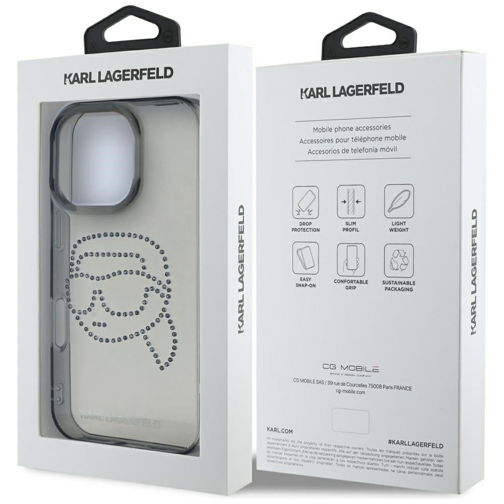 Funda para Apple iPhone 16 Pro, Karl Lagerfeld, IML Rhinestones Karl's Head, Negra