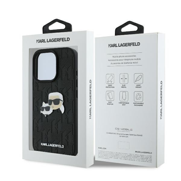 Funda para Apple iPhone 16 Pro, Karl Lagerfeld, Monograma Karl & Cabezas de Choupette, Negra