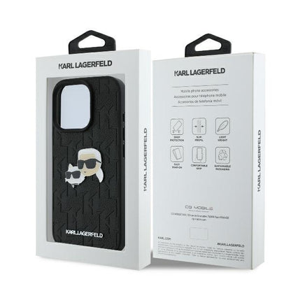 Funda para Apple iPhone 16 Pro, Karl Lagerfeld, Monograma Karl & Cabezas de Choupette, Negra