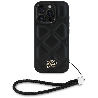 Funda para Apple iPhone 16 Pro, Karl Lagerfeld, Quilted Initial Logo & Chain Strap, Negra