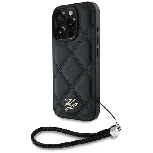 Funda para Apple iPhone 16 Pro, Karl Lagerfeld, Quilted Initial Logo & Chain Strap, Negra