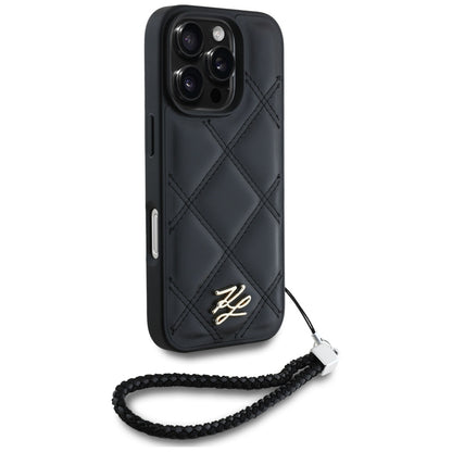 Funda para Apple iPhone 16 Pro, Karl Lagerfeld, Quilted Initial Logo & Chain Strap, Negra