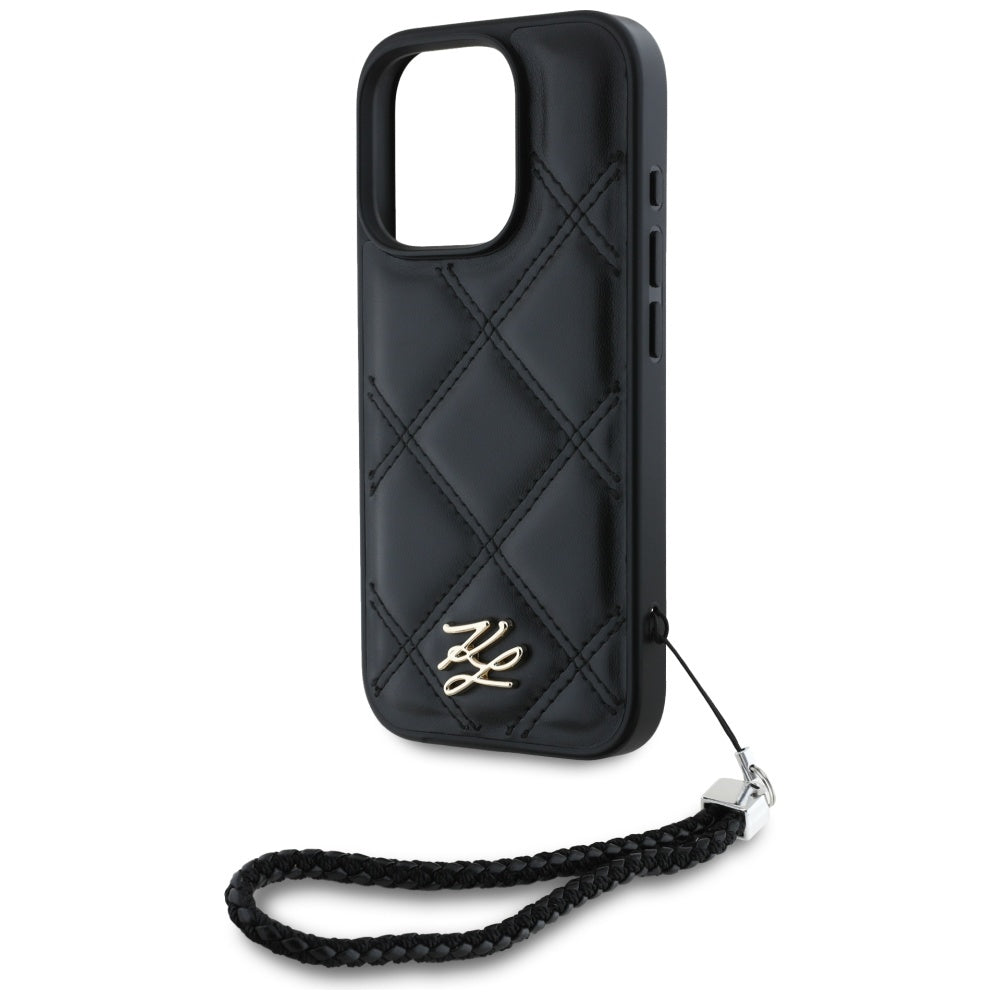 Funda para Apple iPhone 16 Pro, Karl Lagerfeld, Quilted Initial Logo & Chain Strap, Negra