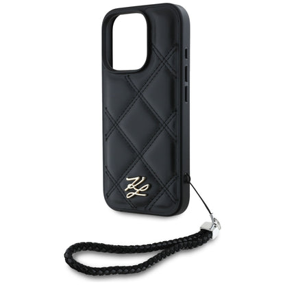 Funda para Apple iPhone 16 Pro, Karl Lagerfeld, Quilted Initial Logo & Chain Strap, Negra