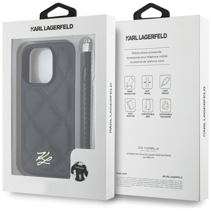 Funda para Apple iPhone 16 Pro, Karl Lagerfeld, Quilted Initial Logo & Chain Strap, Negra