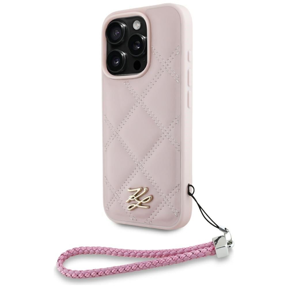 Funda para Apple iPhone 16 Pro, Karl Lagerfeld, Quilted Initial Logo & Chain Strap, Rosa