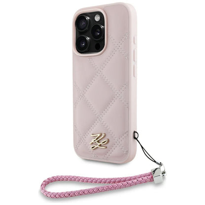 Funda para Apple iPhone 16 Pro, Karl Lagerfeld, Quilted Initial Logo & Chain Strap, Rosa