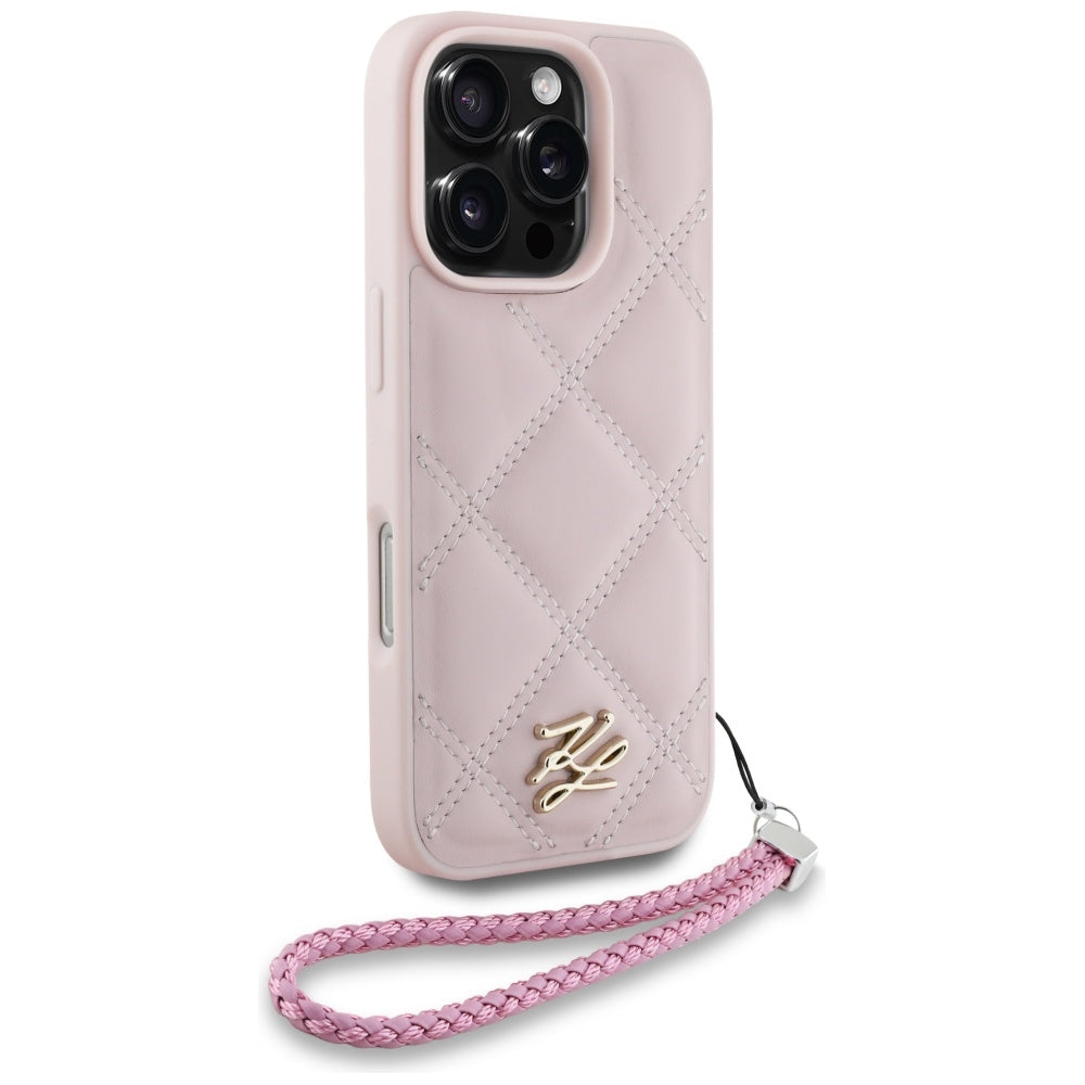 Funda para Apple iPhone 16 Pro, Karl Lagerfeld, Quilted Initial Logo & Chain Strap, Rosa