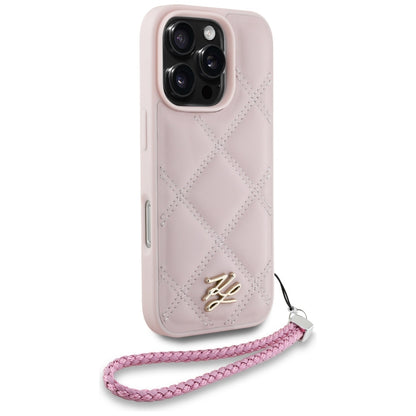 Funda para Apple iPhone 16 Pro, Karl Lagerfeld, Quilted Initial Logo & Chain Strap, Rosa