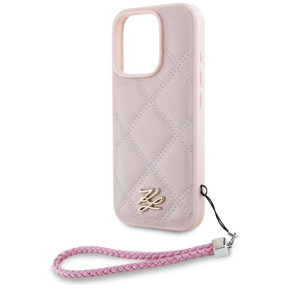Funda para Apple iPhone 16 Pro, Karl Lagerfeld, Quilted Initial Logo & Chain Strap, Rosa