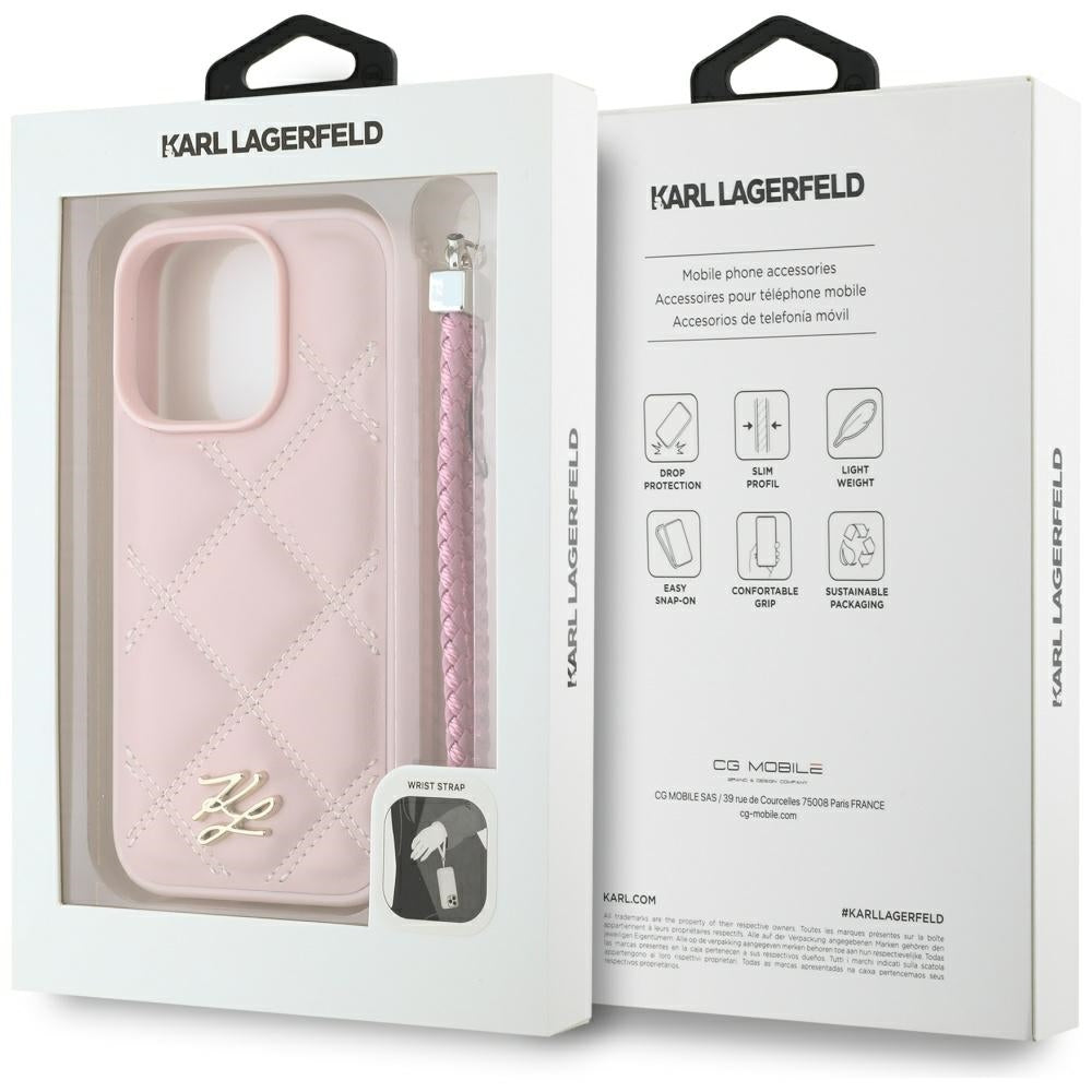 Funda para Apple iPhone 16 Pro, Karl Lagerfeld, Quilted Initial Logo & Chain Strap, Rosa