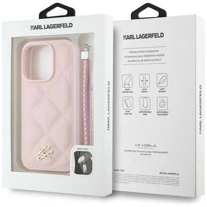 Funda para Apple iPhone 16 Pro, Karl Lagerfeld, Quilted Initial Logo & Chain Strap, Rosa