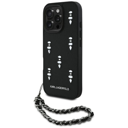 Funda para Apple iPhone 16 Pro, Karl Lagerfeld, Saffiano Crystals & Charm, Negra