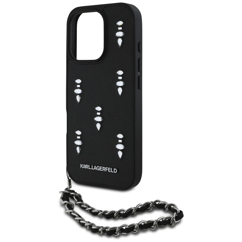 Funda para Apple iPhone 16 Pro, Karl Lagerfeld, Saffiano Crystals & Charm, Negra