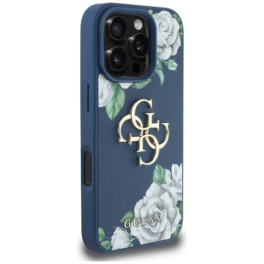 Funda para Apple iPhone 16 Pro Max, Guess, 4G Grained Roses Big Logo, Azul