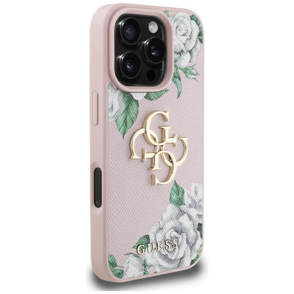 Funda para Apple iPhone 16 Pro Max, Guess, 4G Grained Roses Big Logo, Rosa