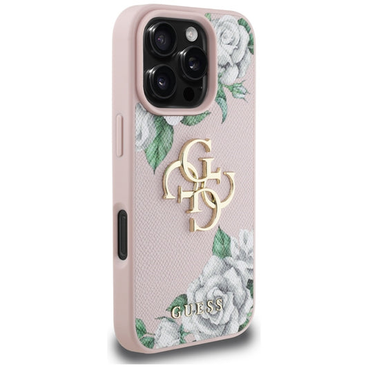 Funda para Apple iPhone 16 Pro Max, Guess, 4G Grained Roses Big Logo, Rosa