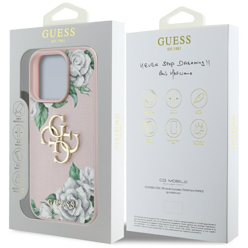 Funda para Apple iPhone 16 Pro Max, Guess, 4G Grained Roses Big Logo, Rosa