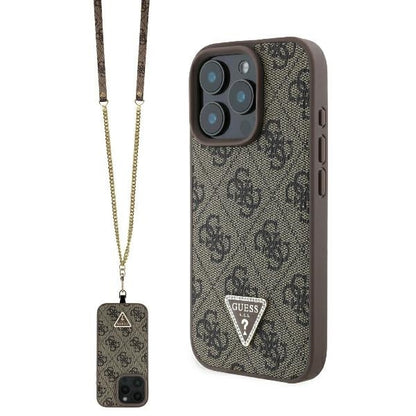 Funda para Apple iPhone 16 Pro Max, Guess, Crossbody 4G Triangle Strass, Marrón.