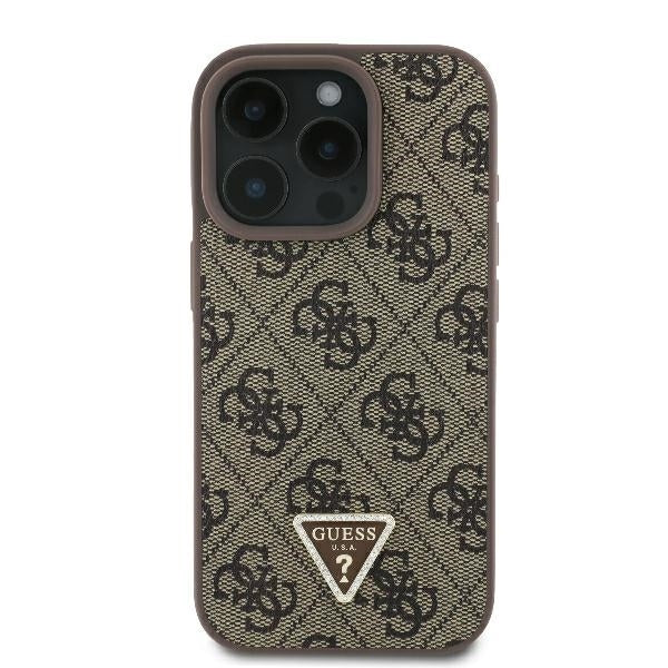 Funda para Apple iPhone 16 Pro Max, Guess, Crossbody 4G Triangle Strass, Marrón.