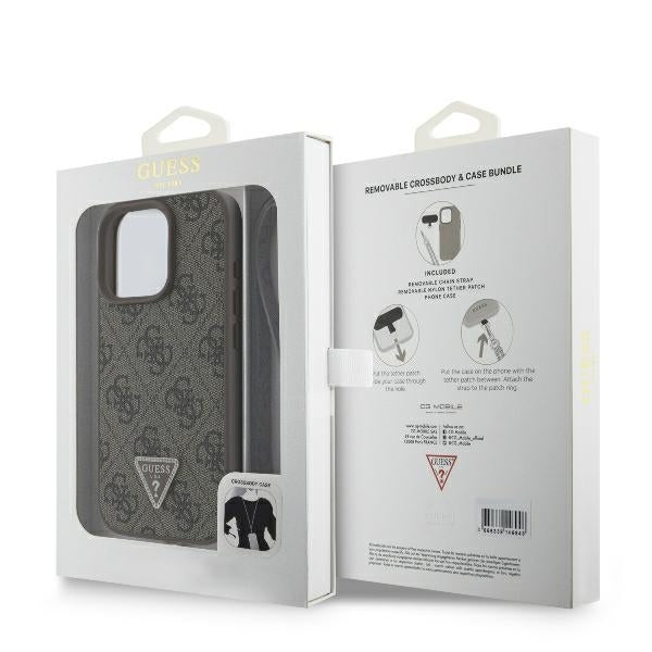 Funda para Apple iPhone 16 Pro Max, Guess, Crossbody 4G Triangle Strass, Marrón.