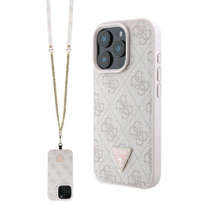 Funda para Apple iPhone 16 Pro Max, Guess, Crossbody 4G Triangle Strass, Rosa.
