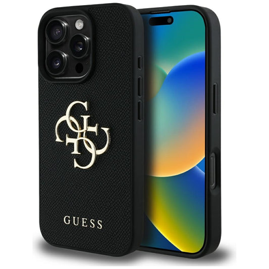 Funda para Apple iPhone 16 Pro Max, Guess, Grained Big 4G Logo Small Classic Logo, Negra