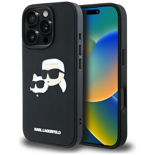 Funda para Apple iPhone 16 Pro Max, Karl Lagerfeld, 3D Rubber Karl & Choupette, Negra