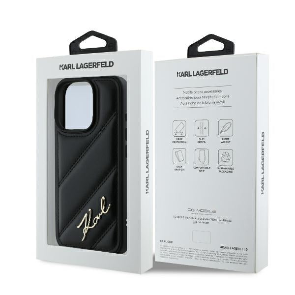 Funda para Apple iPhone 16 Pro Max, Karl Lagerfeld, Diagonal Quilted Script, Negra