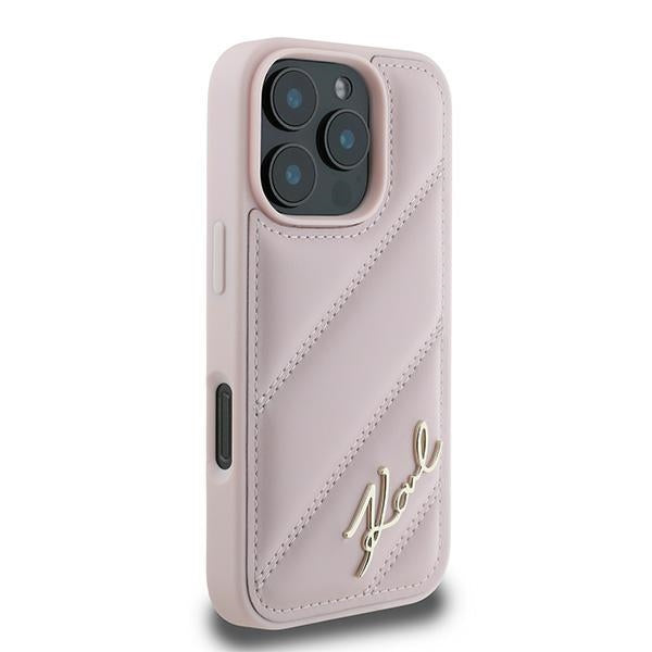 Funda para Apple iPhone 16 Pro Max, Karl Lagerfeld, Diagonal Quilted Script, Rosa