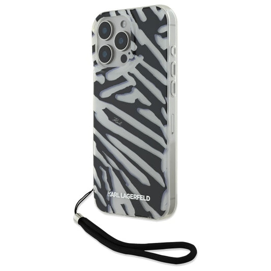 Funda para Apple iPhone 16 Pro Max, Karl Lagerfeld, IML Luxury Zebra Pattern with Strap, Negra