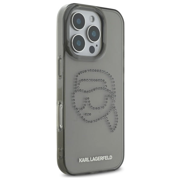 Funda para Apple iPhone 16 Pro Max, Karl Lagerfeld, IML Rhinestones Karl's Head, Negra
