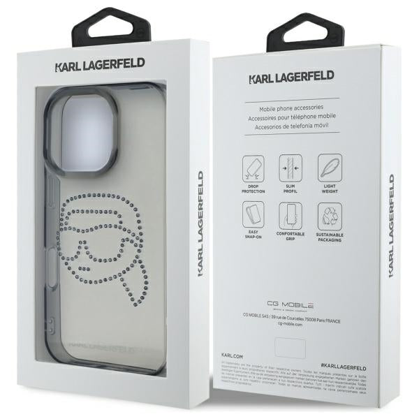 Funda para Apple iPhone 16 Pro Max, Karl Lagerfeld, IML Rhinestones Karl's Head, Negra