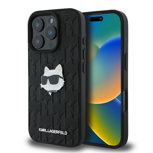 Funda para Apple iPhone 16 Pro Max, Karl Lagerfeld, Monograma Cabeza de Choupette, Negra